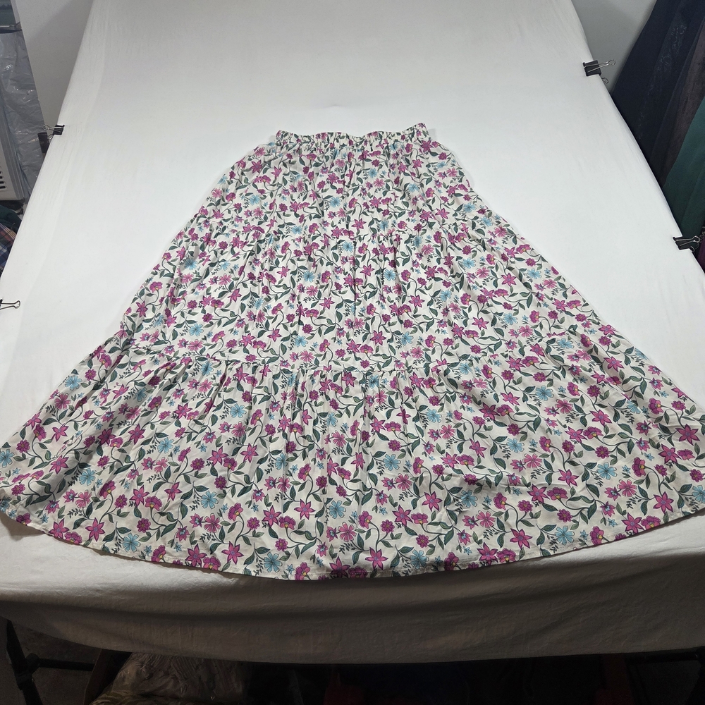 shosho White Floral Maxi Skirt A line  Small Pink & Green Print Boho Layered - Picture 8 of 9